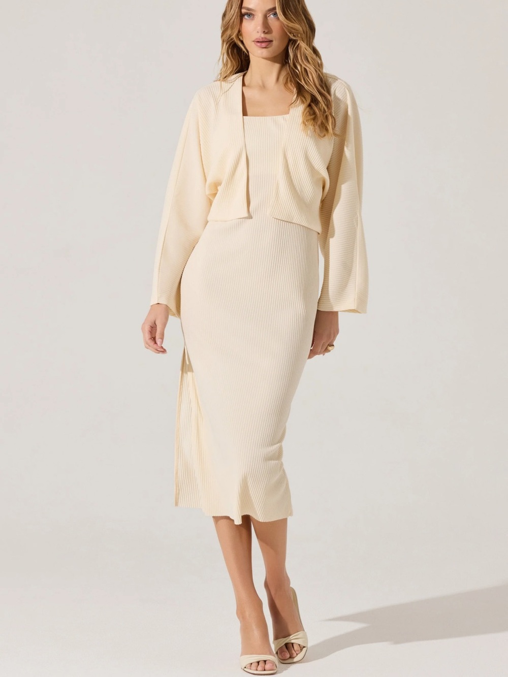 ASTR Women's Natural Long Sleeve Shrug & Ribbed Sweater Dress Set